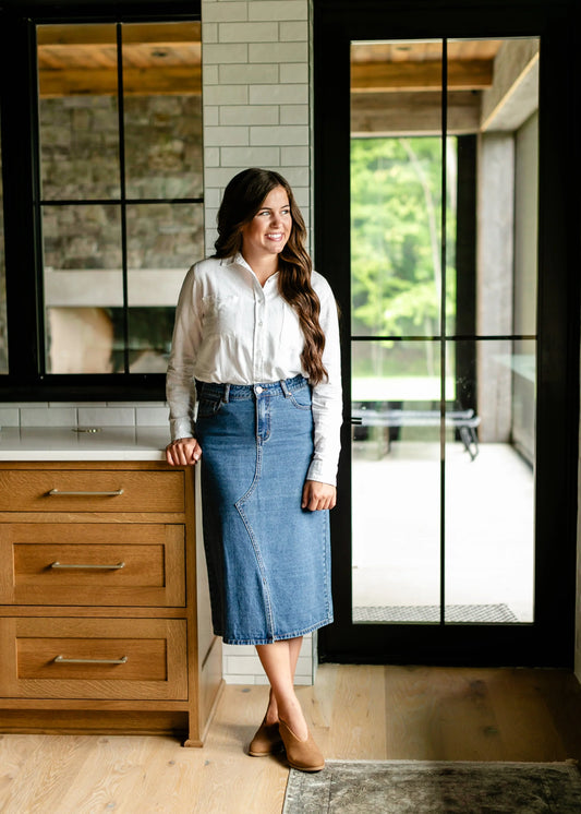"Delaney" Medium Wash Midi Denim Skirt