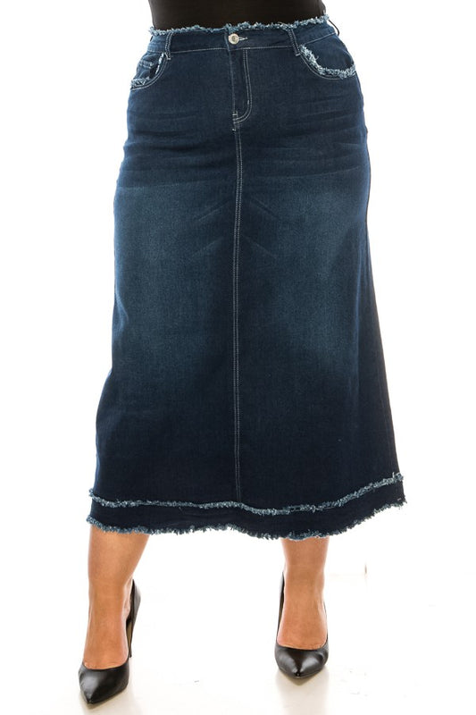 Long Dark Indigo Denim Skirt with Fringe Hem & Pockets - Be Girl