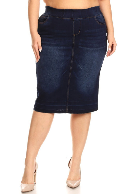 Knee Length Stretchy Waist Dark Indigo Denim Skirt - Be Girl