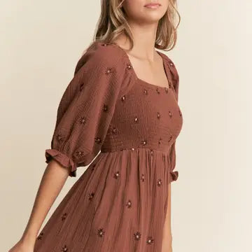 Brown Floral Embroidered Maxi Dress