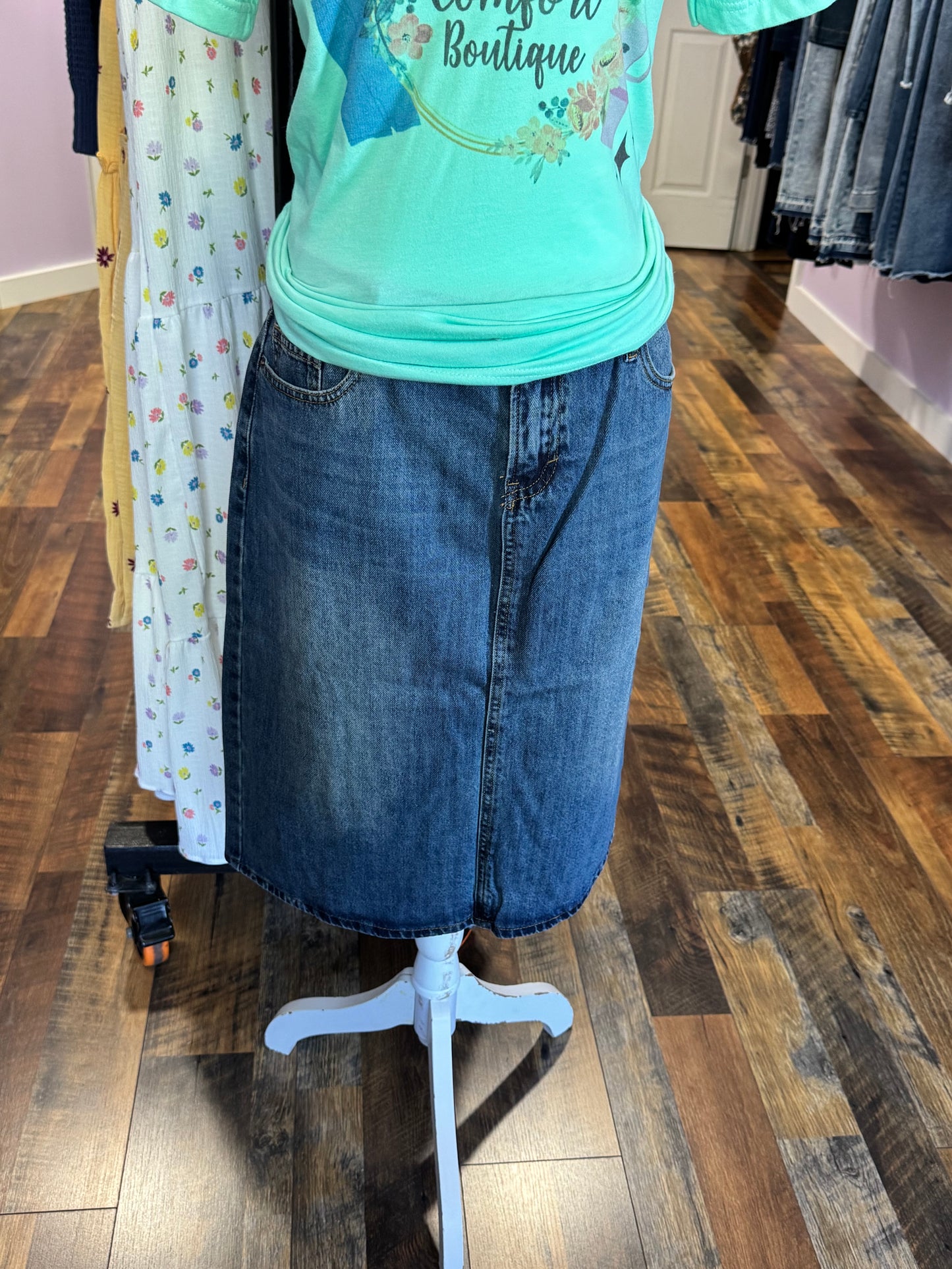 “Elliot” Dark Wash Midi Skirt - 14