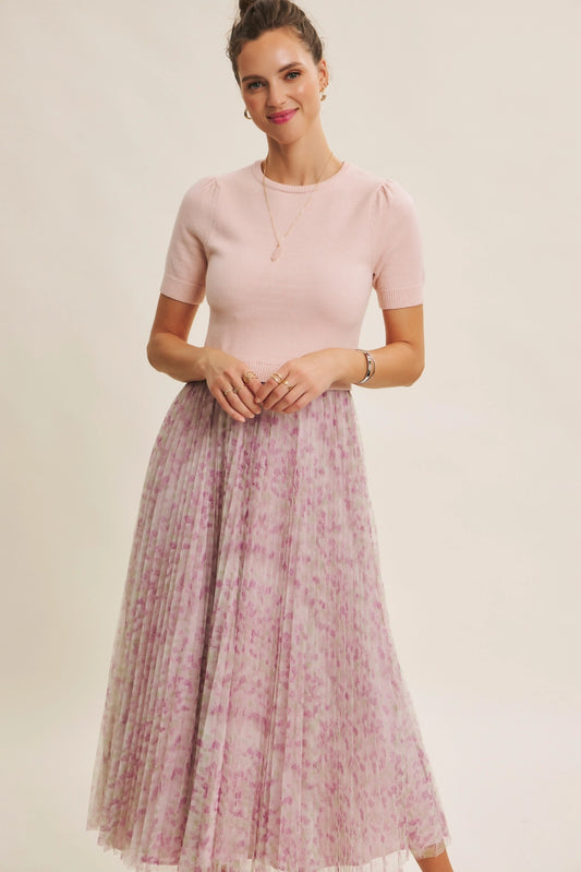 Sweater Top Pleated Floral Maxi Dress