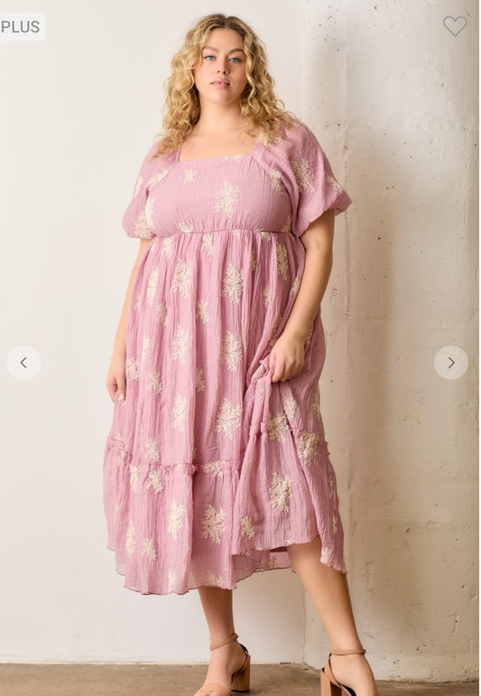 Embroidered Square Neck Bubble Sleeve Flowy Dress