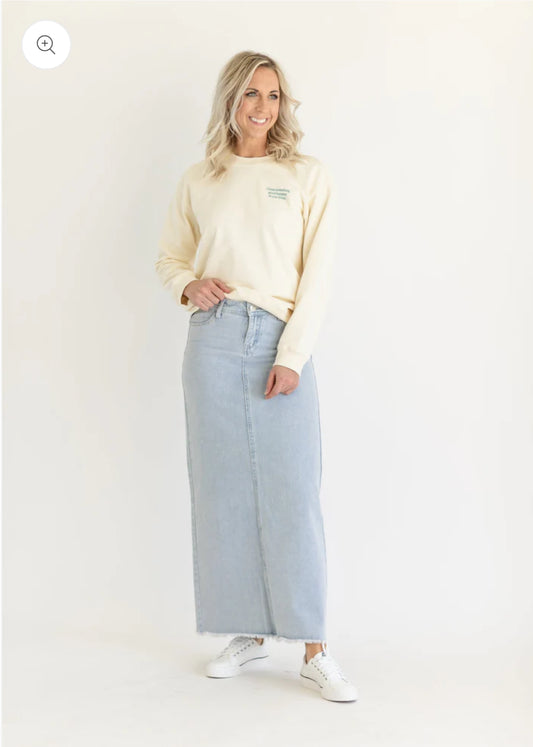 “Elisha” Light Wash Long Denim Skirt