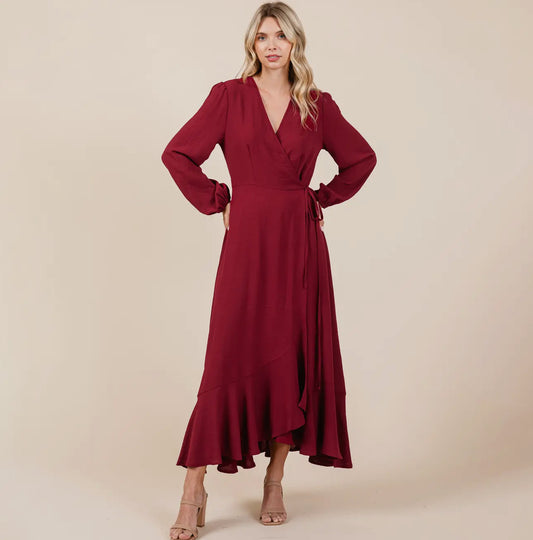 Burgundy Ruffle High Low Wrap Maxi Dress