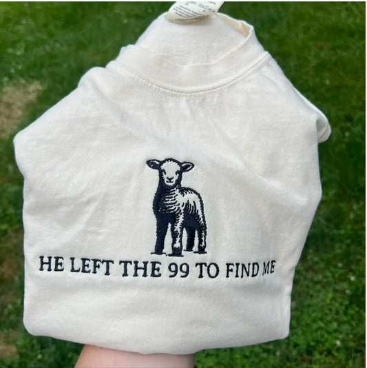 Embroidered "He Left the 99 to Find Me" Tee - Cream