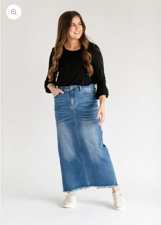 “Dakotah” Raw Hem Long Denim Skirt