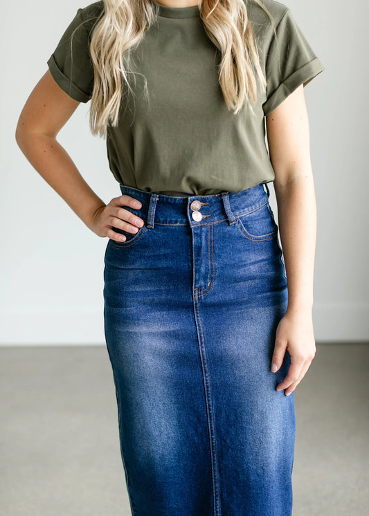 “Greta” Medium Wash Midi Denim Skirt