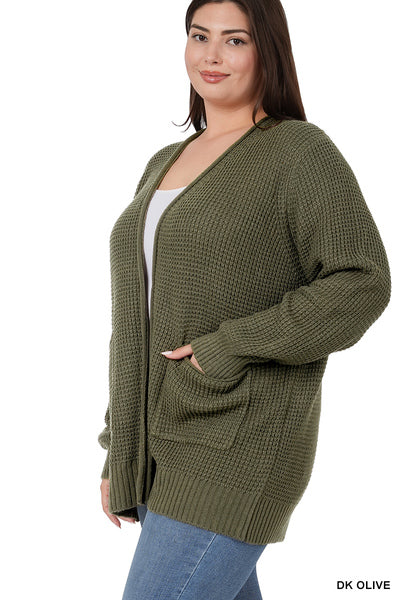 Dark Olive Waffle Cardigan- Plus