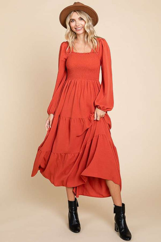 Cinnamon Square Neck Smocked Prairie Dress