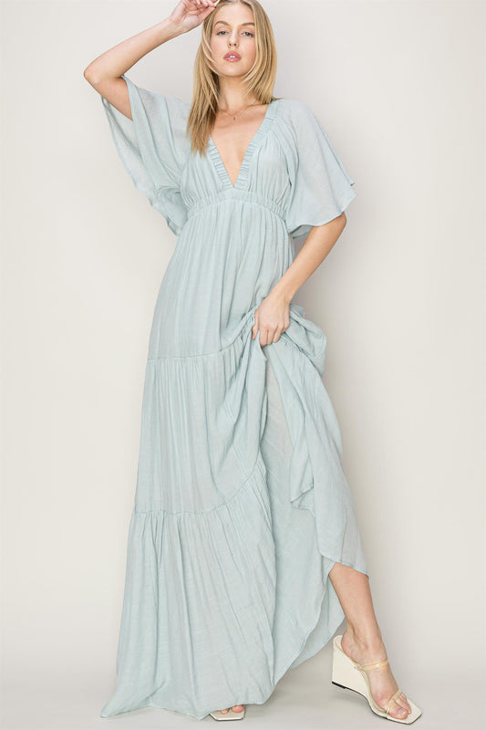Dusty Blue Open Back Flowy Maxi Dress