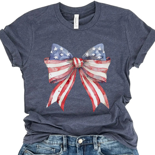American Flag Bow Tee - Heathered Navy