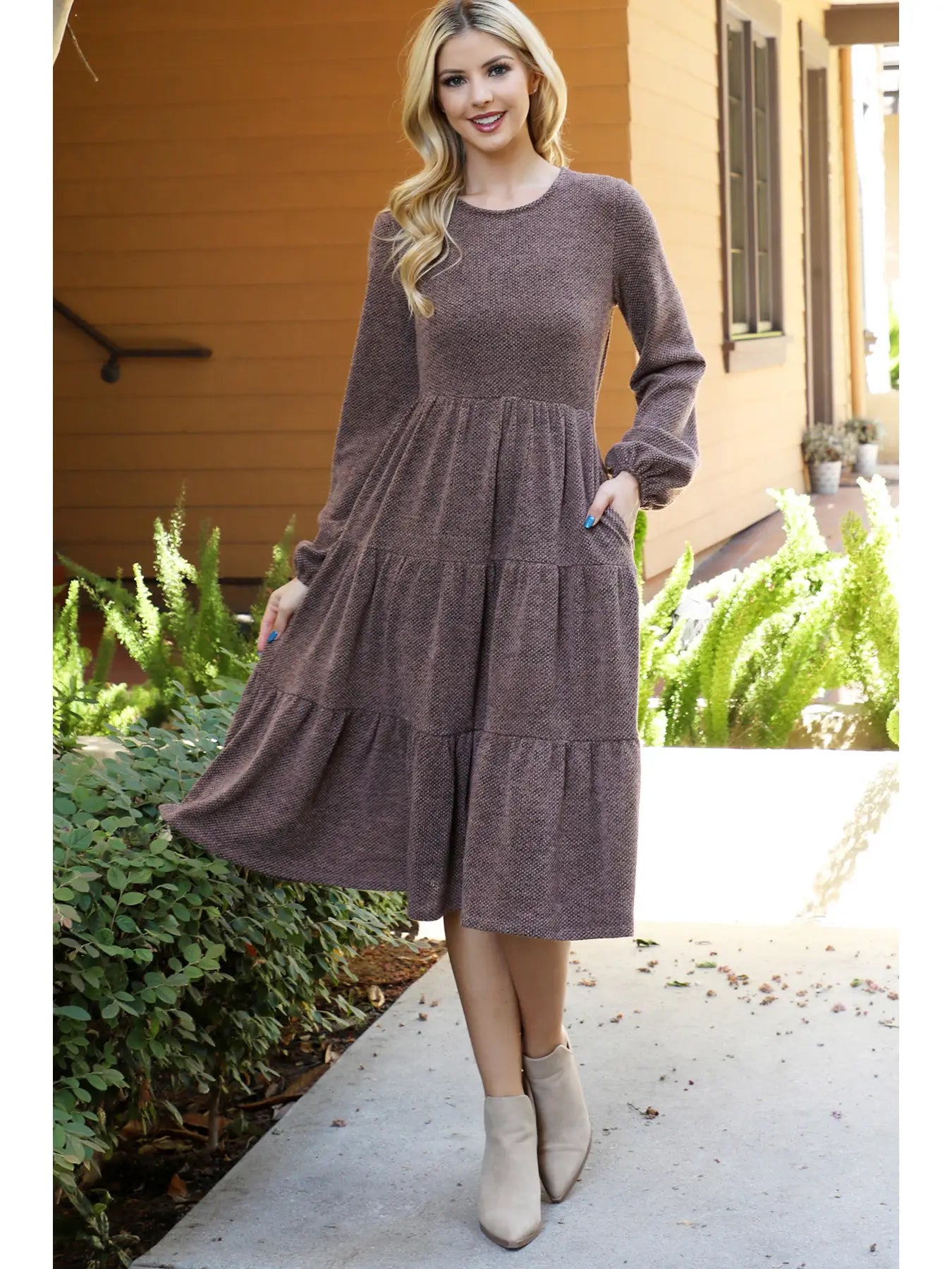 Brown Knit Long Sleeve Midi Dress