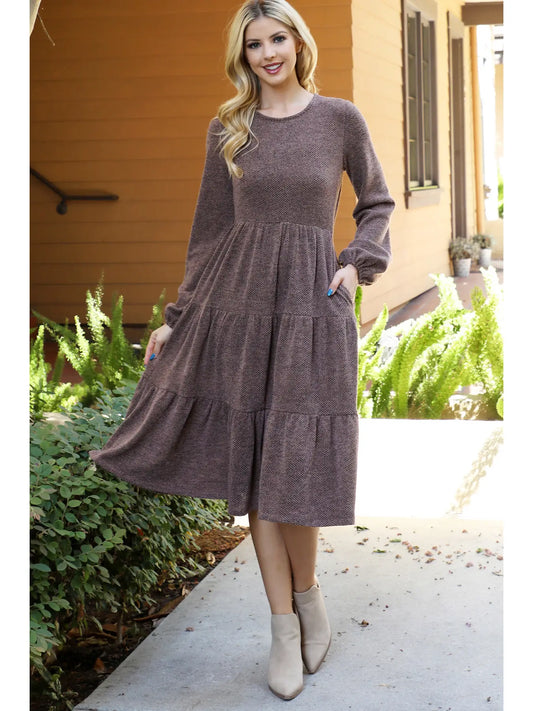 Brown Knit Long Sleeve Midi Dress