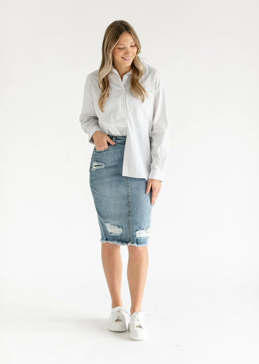 "Presley" Distressed Midi Denim Skirt