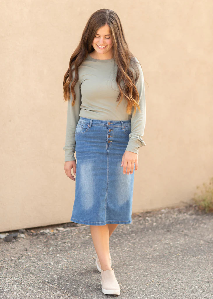 “Josie” vintage Wash midi denim skirt
