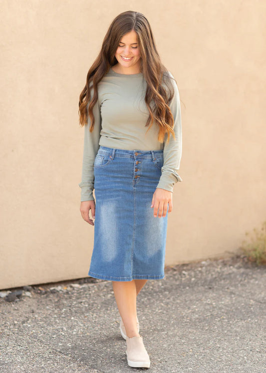 “Josie” vintage Wash midi denim skirt