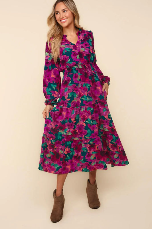 Purple Floral Smocked Waist Maxi Dress