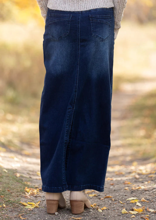 “Donna” dark wash long stretchy denim skirt