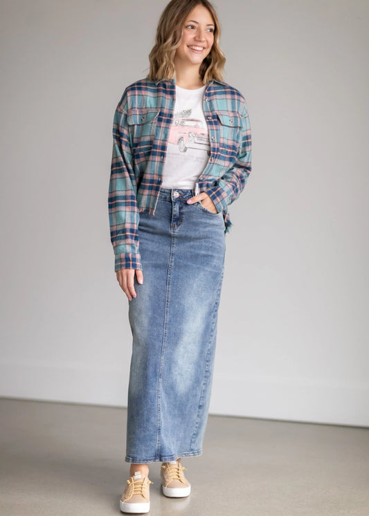 “Kyra” Long Vintage Wash Denim Skirt