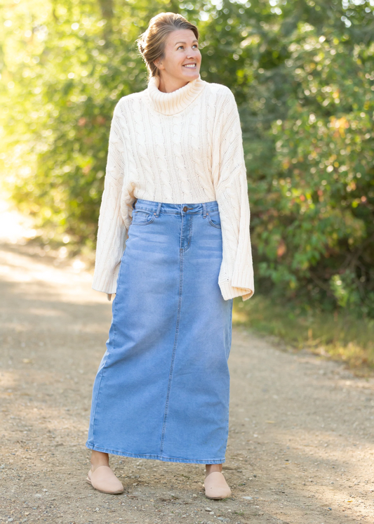 “Reece” light wash denim skirt