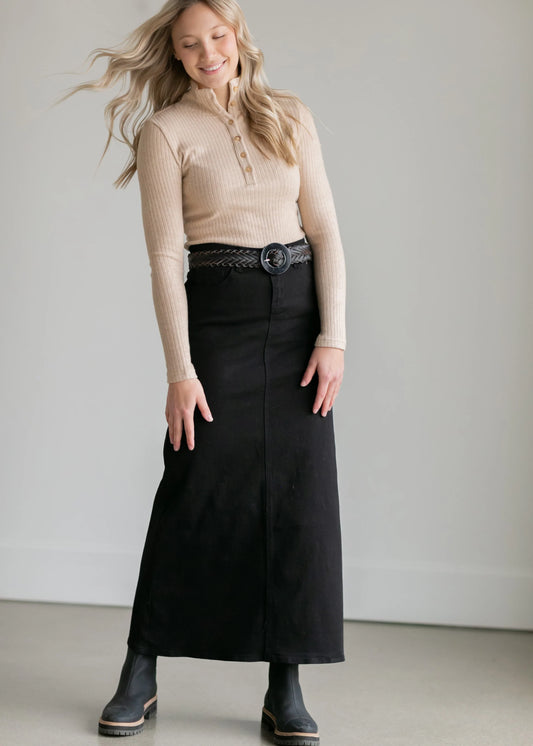 “Faith” Long black denim skirt